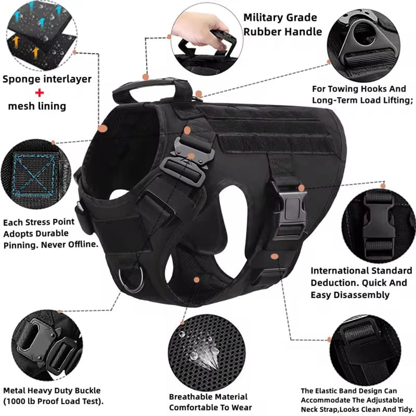Pettravel Tactical Dog Harness With Padded Molle Pouch