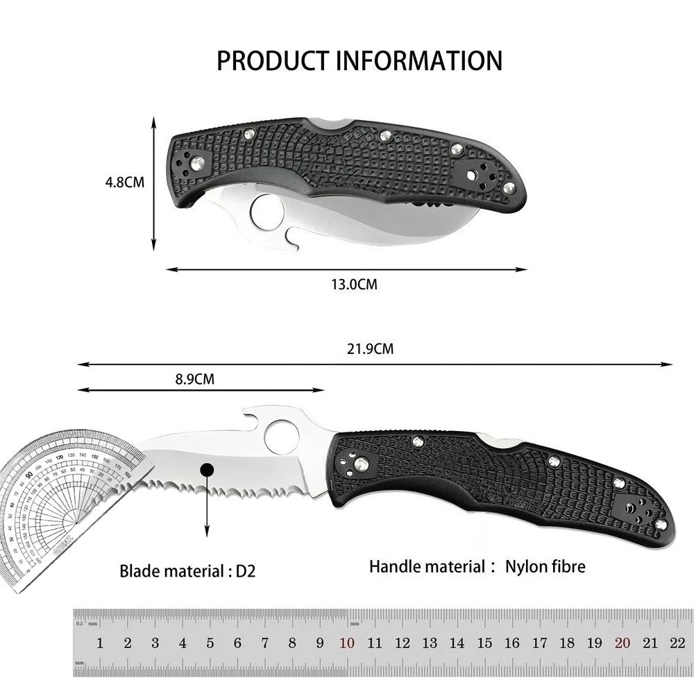 Two Serrated Folding Knives with Hawkbill D2 Blades Durable Textured Nylon Fiber Handles Signature Thumb Hole for Smooth Opening Available in Black and Silver Finishes These Reliable Tools Are Perfect for Everyday Carry Campi