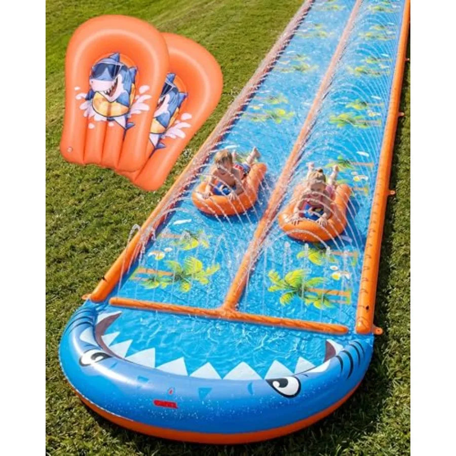 Outdoor backyard water slide for adults and kids, heavy-duty PVC, blue orange, 40×5.9FT with 3-way sprinkler and 2 boards