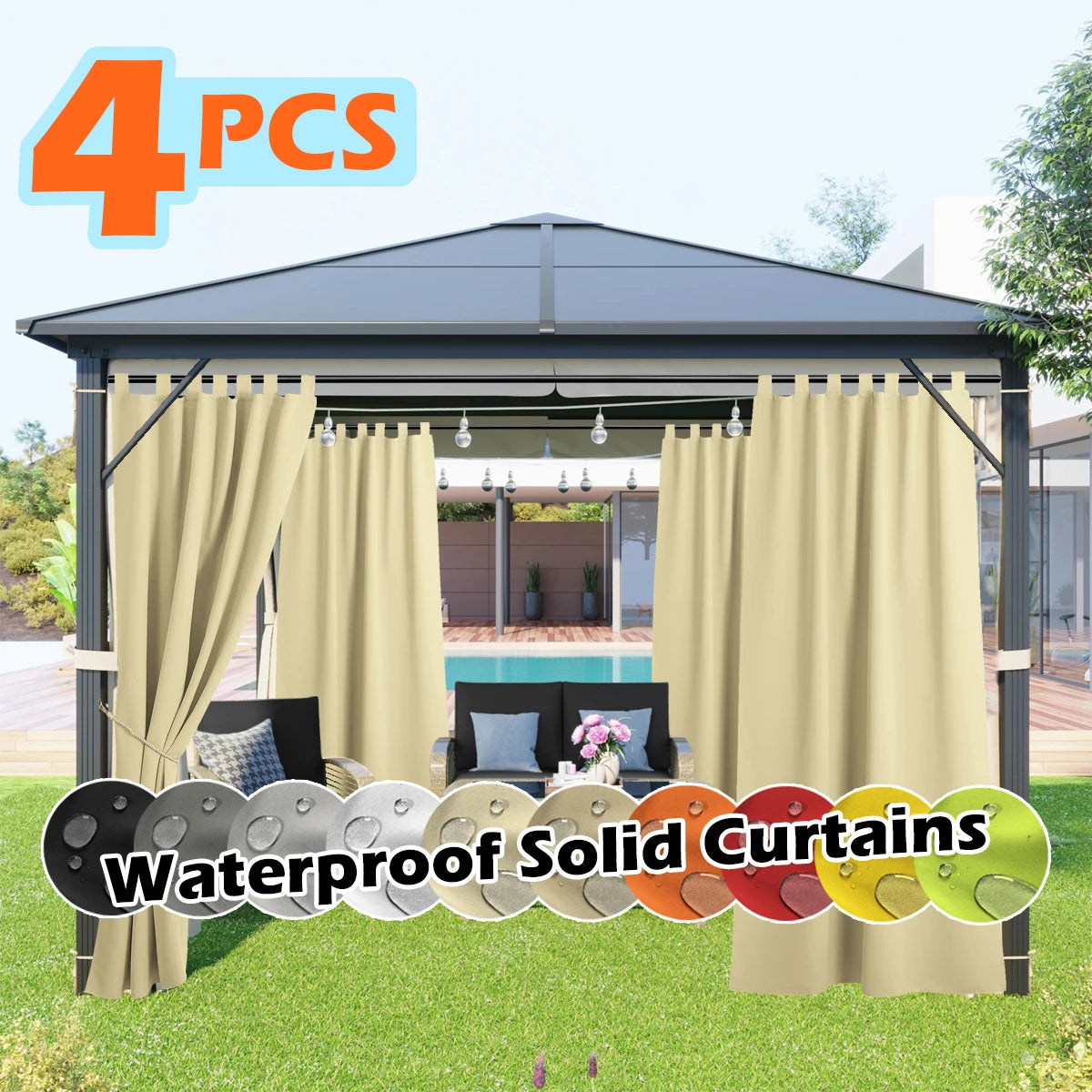 4 Panels Outdoor Curtains, Waterproof & UV-Resistant Tab Top Design for Porch, Pergola, Cabana, Gazebo Decor