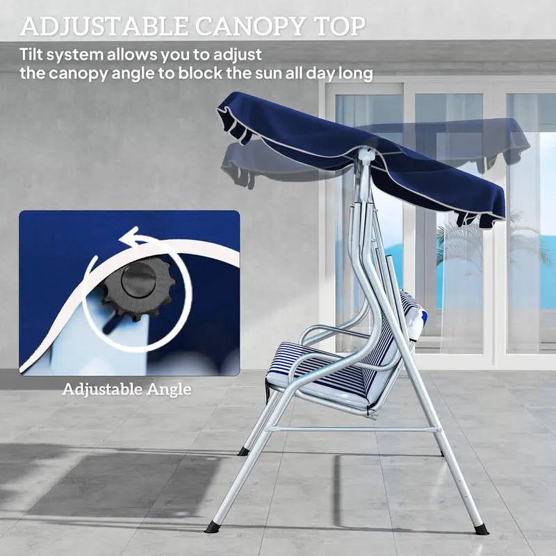 3-Person Porch Swing with Canopy, Patio Swing Chair, Outdoor Canopy Swing Bench with Adjustable Shade, Cushion and Steel Frame, Dark Blue & White Striped