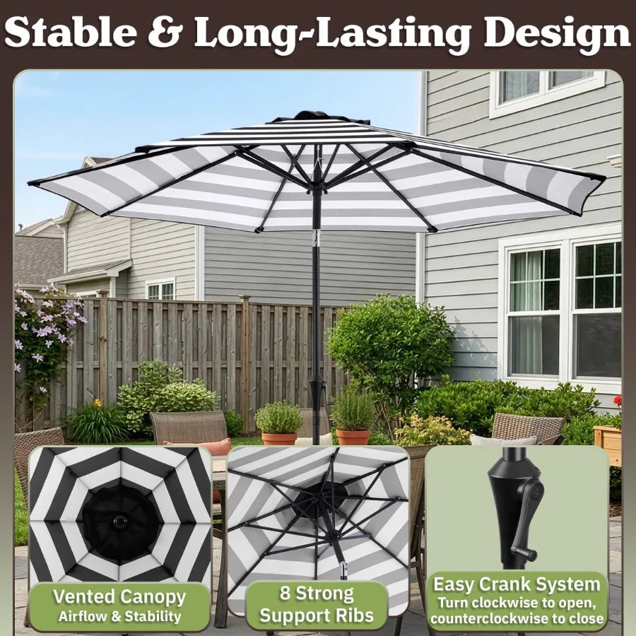 9 Ft Striped Outdoor Patio Umbrella with Tilt Black and White