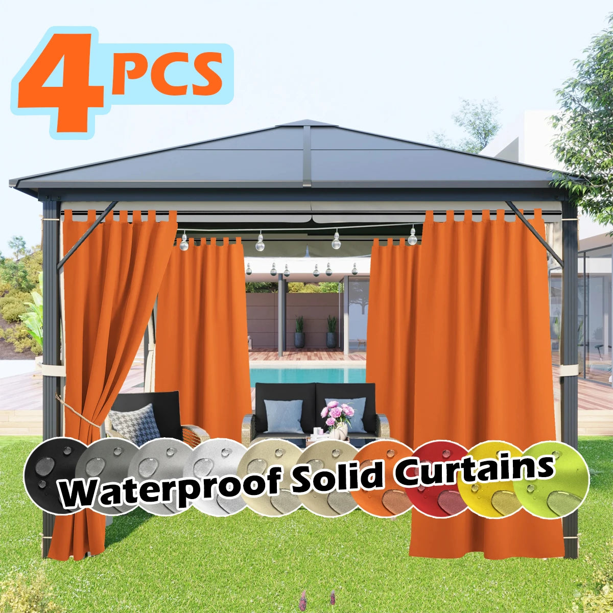 4 Panels Outdoor Curtains, Waterproof & UV-Resistant Tab Top Design for Porch, Pergola, Cabana, Gazebo Decor