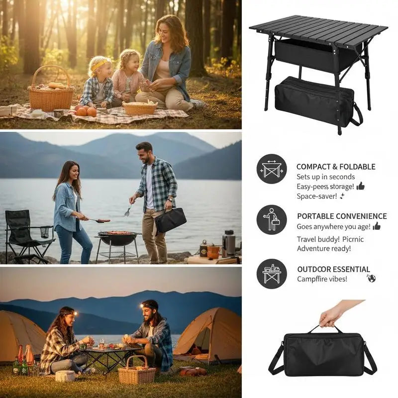 Outsunny camping table with storage basket, height-adjustable, foldable, aluminum, black