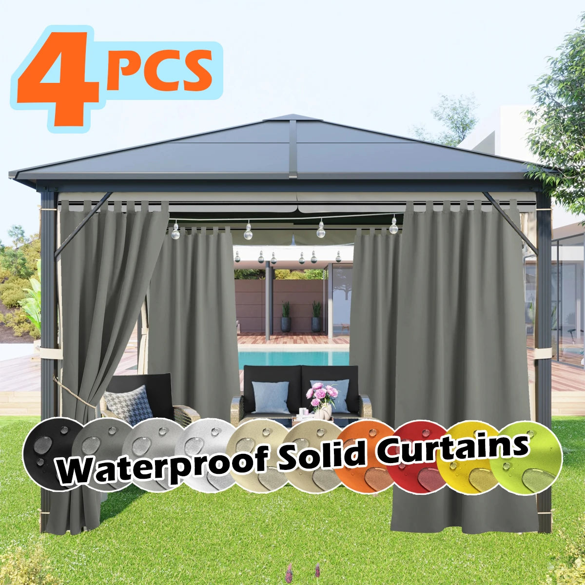 4 Panels Outdoor Curtains, Waterproof & UV-Resistant Tab Top Design for Porch, Pergola, Cabana, Gazebo Decor