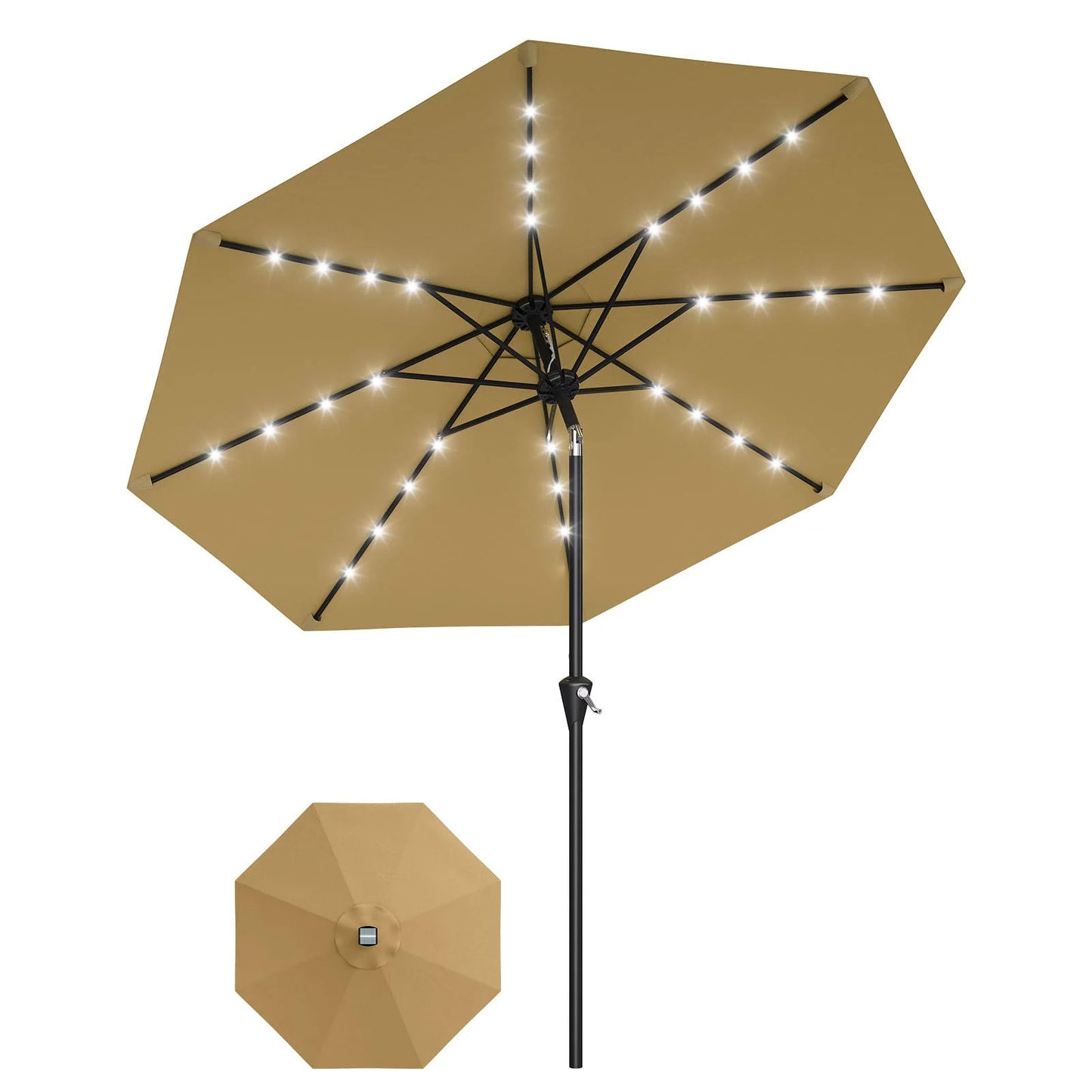 9ft/10ft Solar Patio Umbrella with 32 LED Lights, UPF 50+ UV Protection, Waterproof Fade-Resistant Vented Canopy, Crank Lift & Push-Button Tilt, 8-Rib Market Table Umbrella
