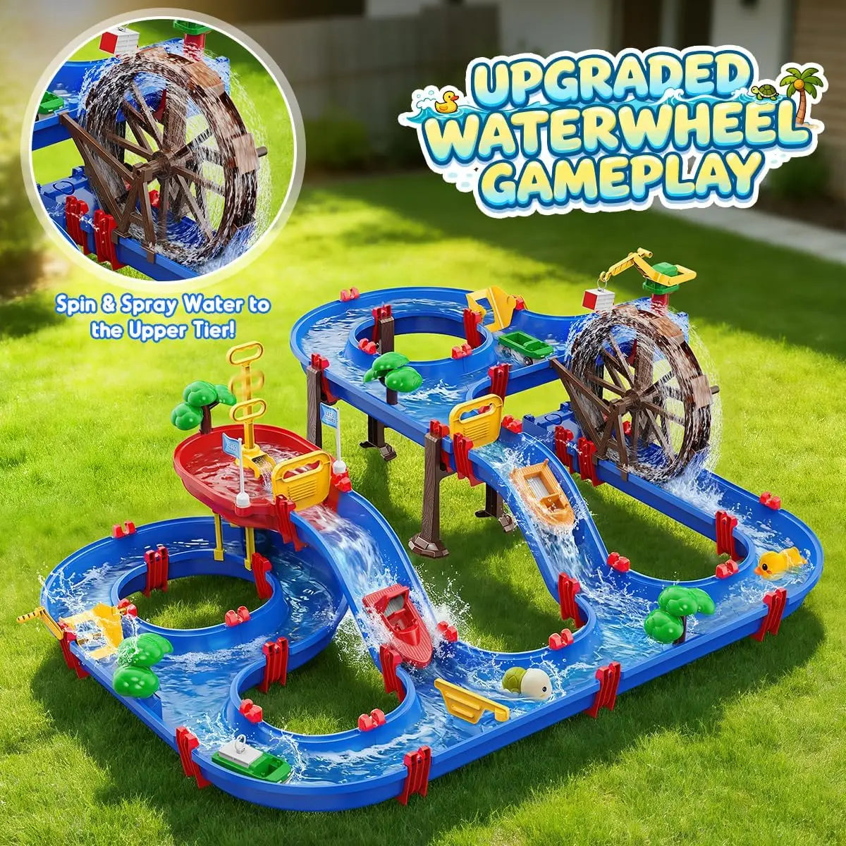 VATOS Summer Outdoor Retro Manual Irrigation Water Truck Kids Toy 2-Tier Watermill Water Table Fun Water Wheel Drifting Playset Backyard Beach Balcony Garden Toys