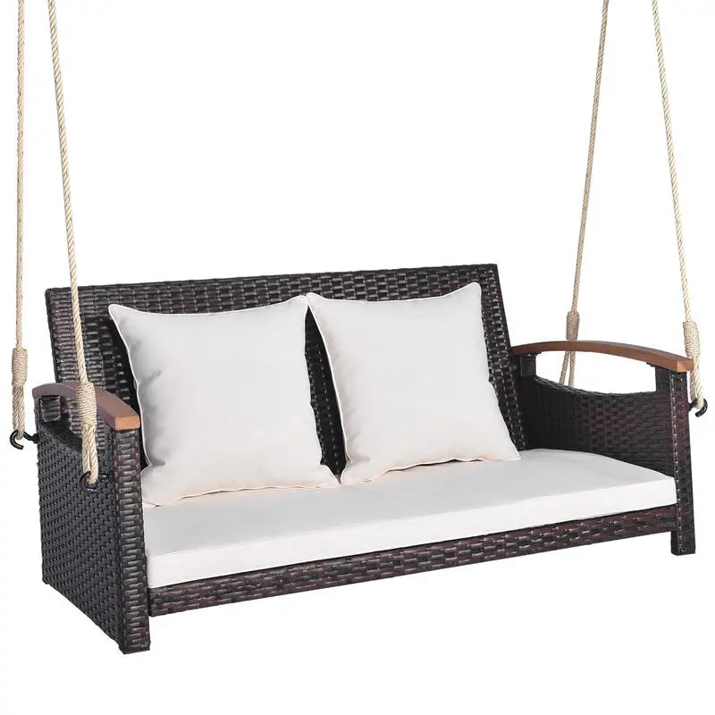 Heavy Duty Double Rattan Hanging Chair Swing With Thick Cushions