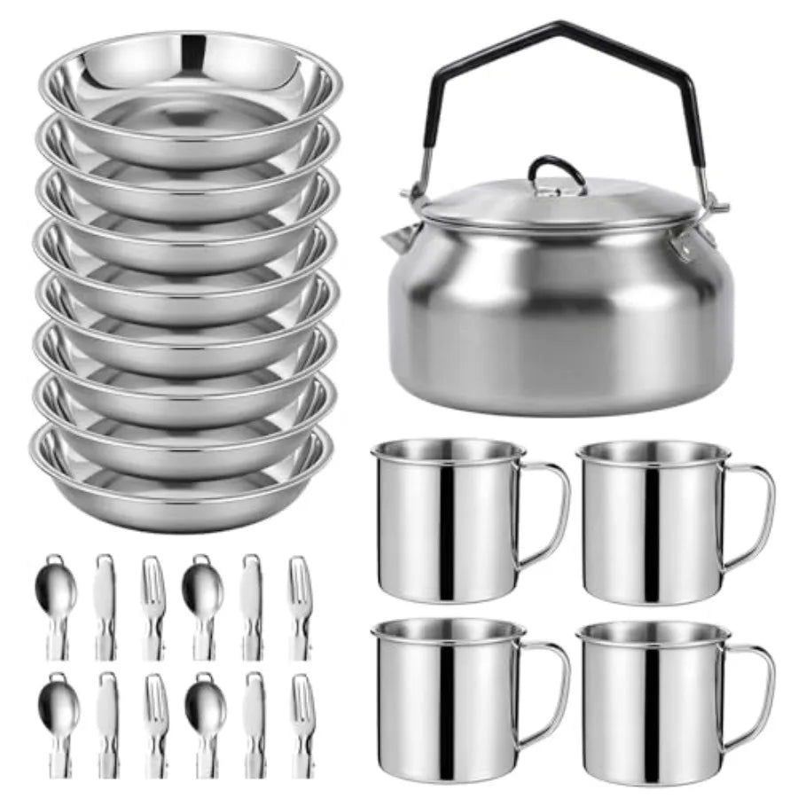 Camping cookware kit: stainless steel pots, cups, plates, forks, knives, spoons silver, durable, lightweight, for camping, back