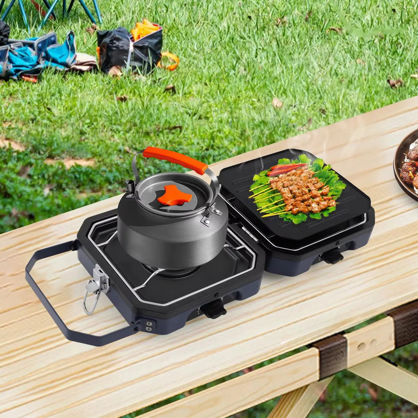 2 Burners Portable Camping Gas Stove 2.3+2.3KW Non-stick Coating Stainless Steel Folding Outdoor BBQ Cooking Stove for Camping Picnic