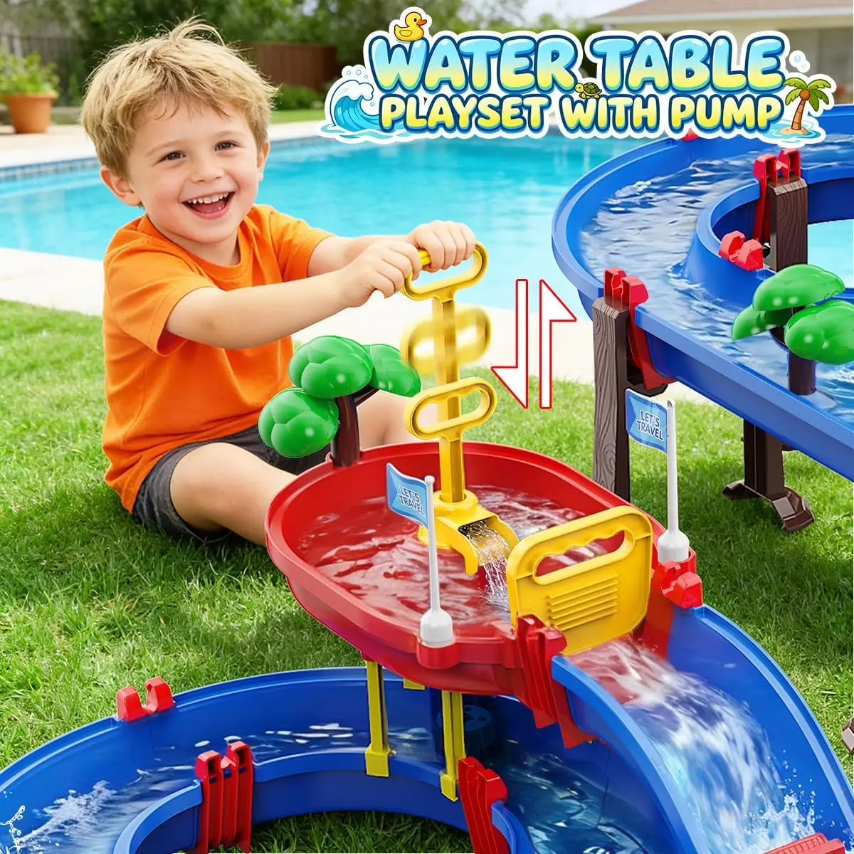 VATOS Summer Outdoor Retro Manual Irrigation Water Truck Kids Toy 2-Tier Watermill Water Table Fun Water Wheel Drifting Playset Backyard Beach Balcony Garden Toys