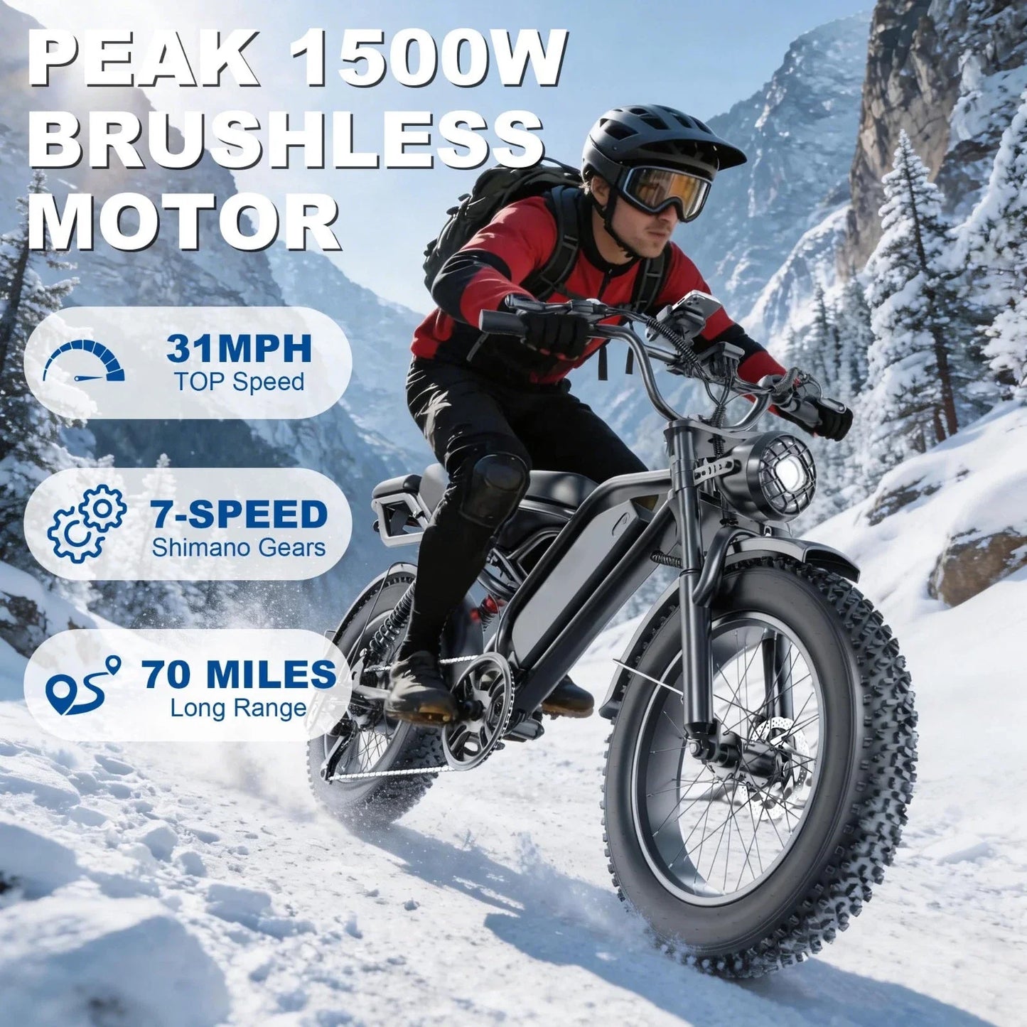 48V 18Ah Off-road Electric Bike for Adults Electric Dirt Bike 20" Fat Tire 70 Miles Max Range 1500W Peak Motor up to 31MPH Speed off-road E-BIKE