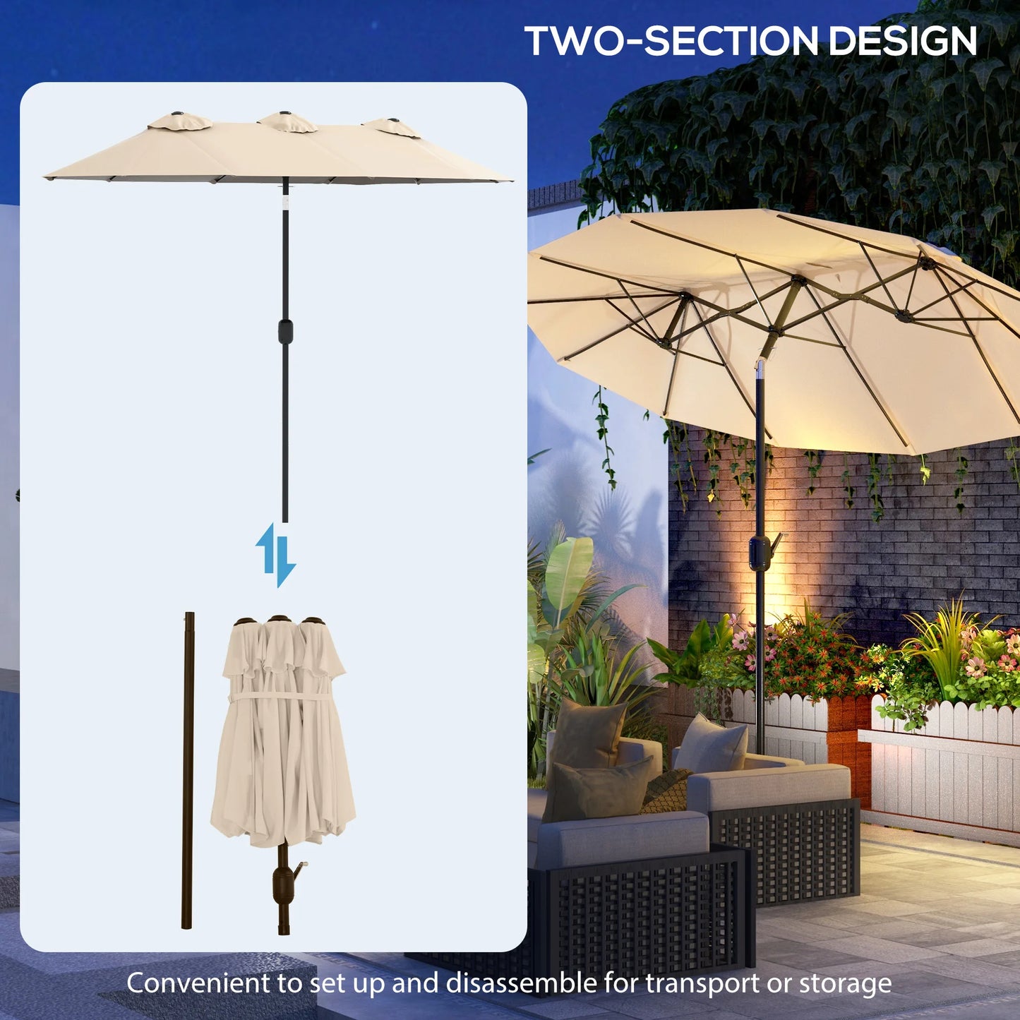9.7' Double-Sided Patio Umbrella with 3 Air Vents, Tilt and Crank, Outdoor Umbrella, Brown
