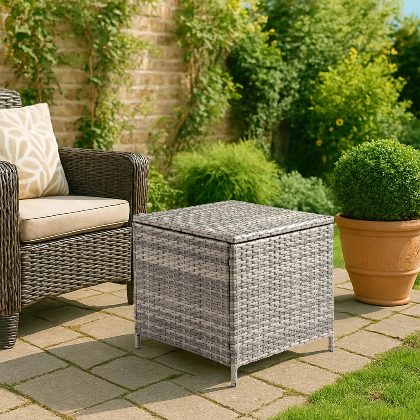27 Gallon Outdoor PE Wicker Storage Side Table, 53×53×50cm All Weather Handwoven Rattan End Table with Sturdy Iron Frame, Dual Function Side Desk & Storage Bin for Patio Garden Backyard Store Tools Toys, Brown Gradient
