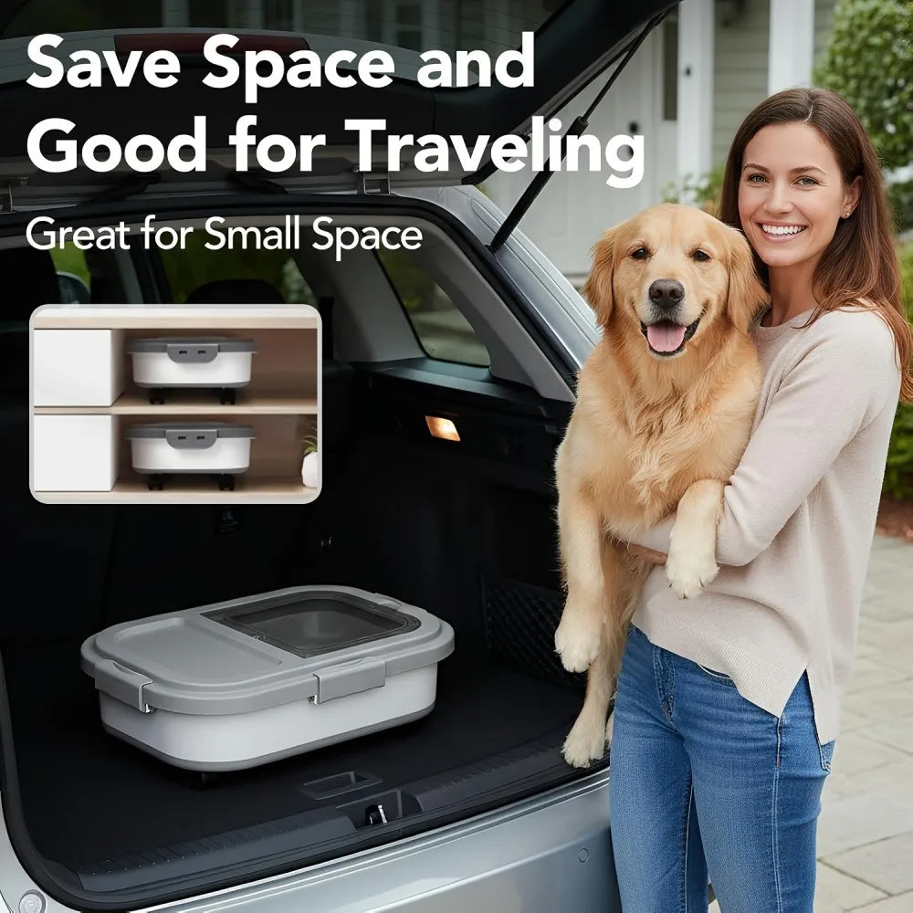 Collapsible Pet Food Container With Airtight Lid And Roller Wheels