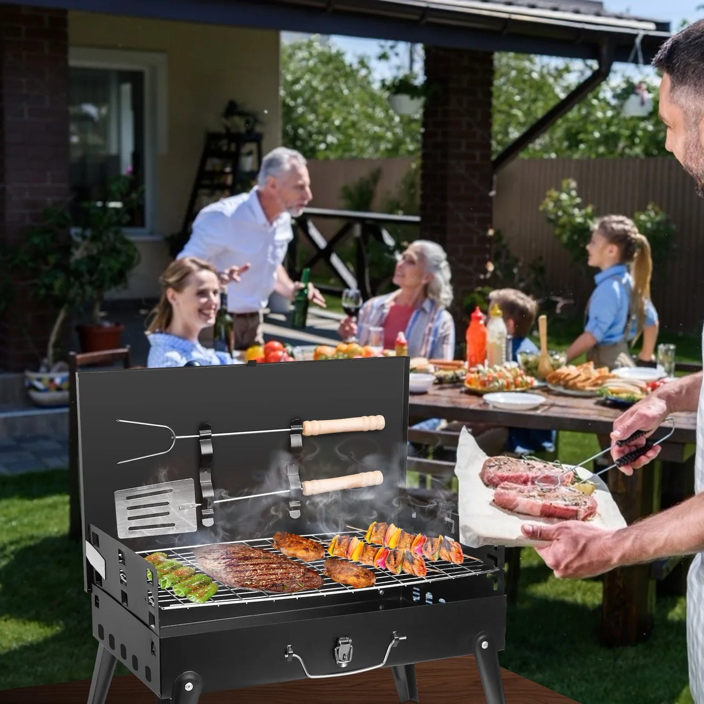Portable Charcoal BBQ Grill Folding Desktop 3-Level Adjustable Height