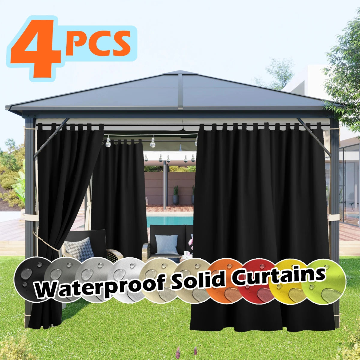 4 Panels Outdoor Curtains, Waterproof & UV-Resistant Tab Top Design for Porch, Pergola, Cabana, Gazebo Decor