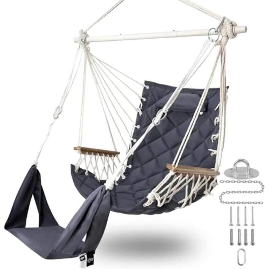 Patio Swing Chair with Adjustable Footrest and Headrest-Quilted FabricandSteel Spreader BarWooden Armrest for Porch/Garden;350l