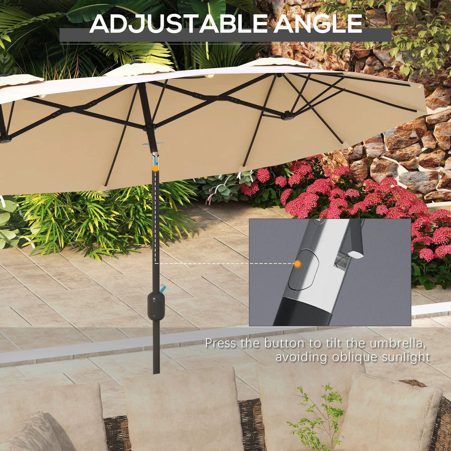 9.7' Double-Sided Patio Umbrella with 3 Air Vents, Tilt and Crank, Outdoor Umbrella, Brown