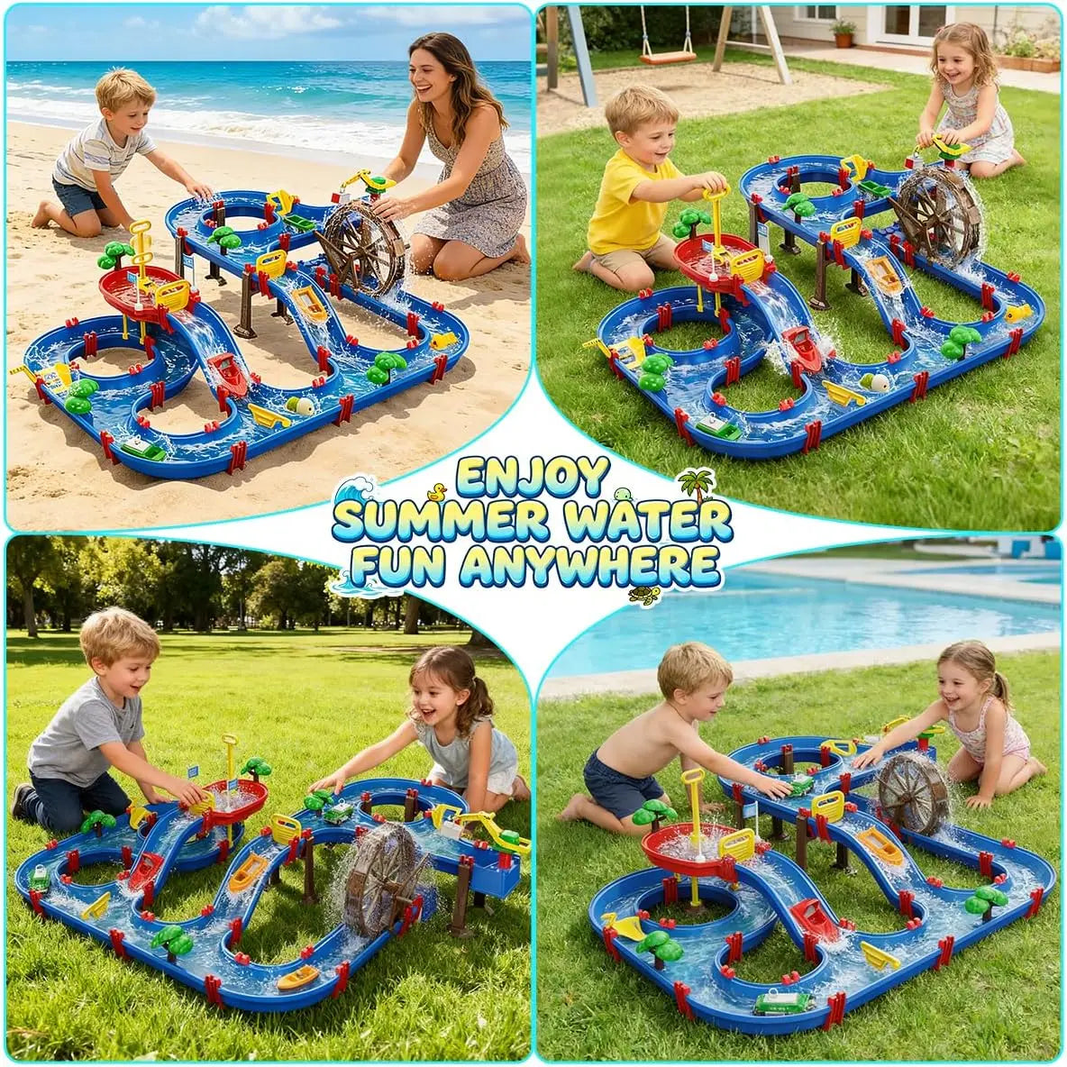 VATOS Summer Outdoor Retro Manual Irrigation Water Truck Kids Toy 2-Tier Watermill Water Table Fun Water Wheel Drifting Playset Backyard Beach Balcony Garden Toys