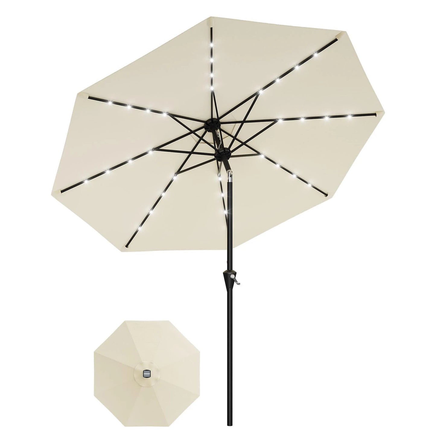 9ft/10ft Solar Patio Umbrella with 32 LED Lights, UPF 50+ UV Protection, Waterproof Fade-Resistant Vented Canopy, Crank Lift & Push-Button Tilt, 8-Rib Market Table Umbrella