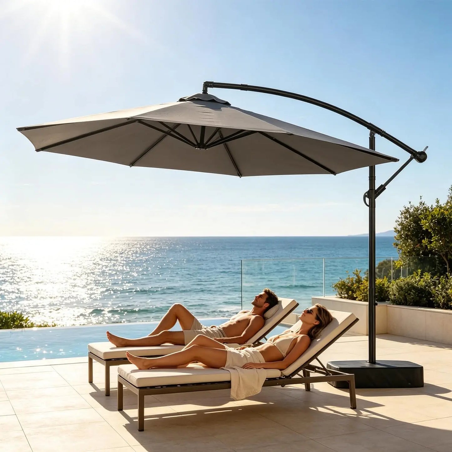 10 Foot Cantilever Patio Umbrella With Base, Outdoor Large Offset Sunshade Canopy With 360 Degree Rotation, Heavy Duty Crank Handle Hanging Market Umbrella For Deck Pool Backyard, Gray