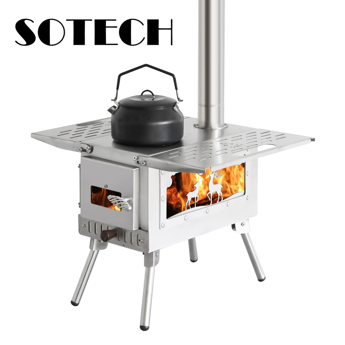 SOTECH Foldable Camping Wood Burning Stove Stainless Steel Outdoor Cooker BBQ Grill With Cooking Pan Chimney Portable Fire Pit For Camping Hiking Picnic Travel Van Life