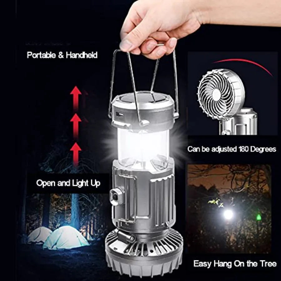 Solar Camping Lantern with Fan, Rechargeable Camping Fans Charging for Phone, Battery Operated Light for Hurricane Power Outage