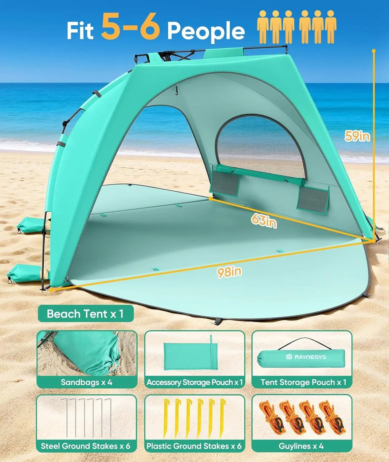 Beach Tent Sun Shelter for 5-6 Person, Pop Up Beach Canopy Waterproof Tarpaulin Awnings, UPF 30+ UV Protection, Breathable Mesh Window, Home Garden Party Tent,Portable Sun Shade Tent with Carrying Bag for Sands & Outdoor Beac
