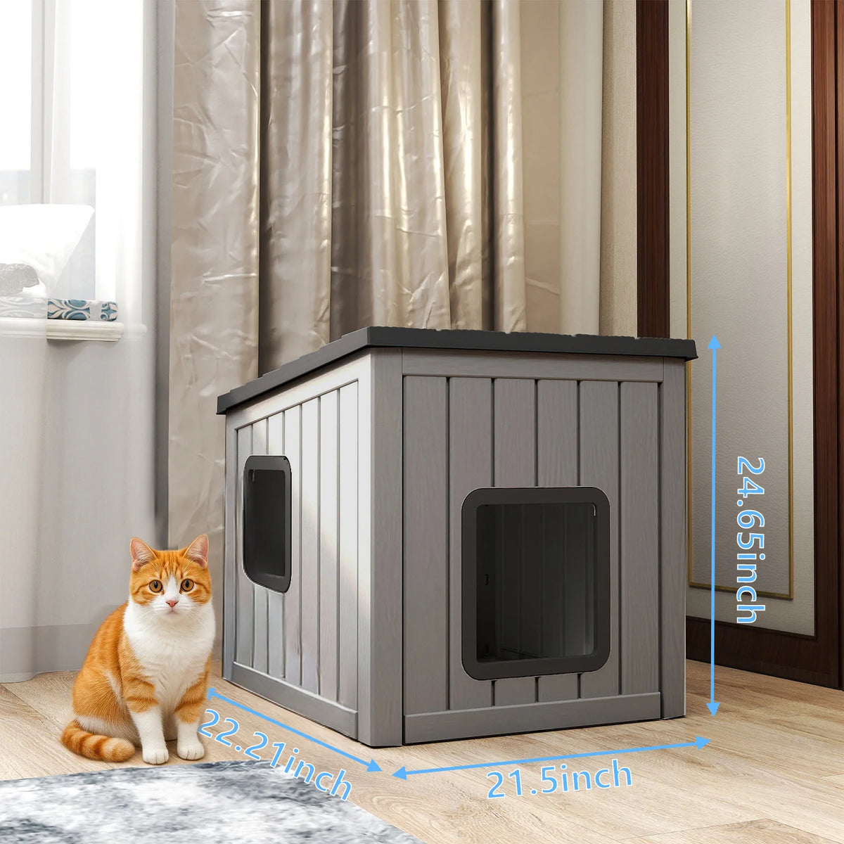 Waterproof Sloped Roof Plastic Pet Cabin, Indoor Outdoor Weather Resistant Cat Shelter for Porch & Yard