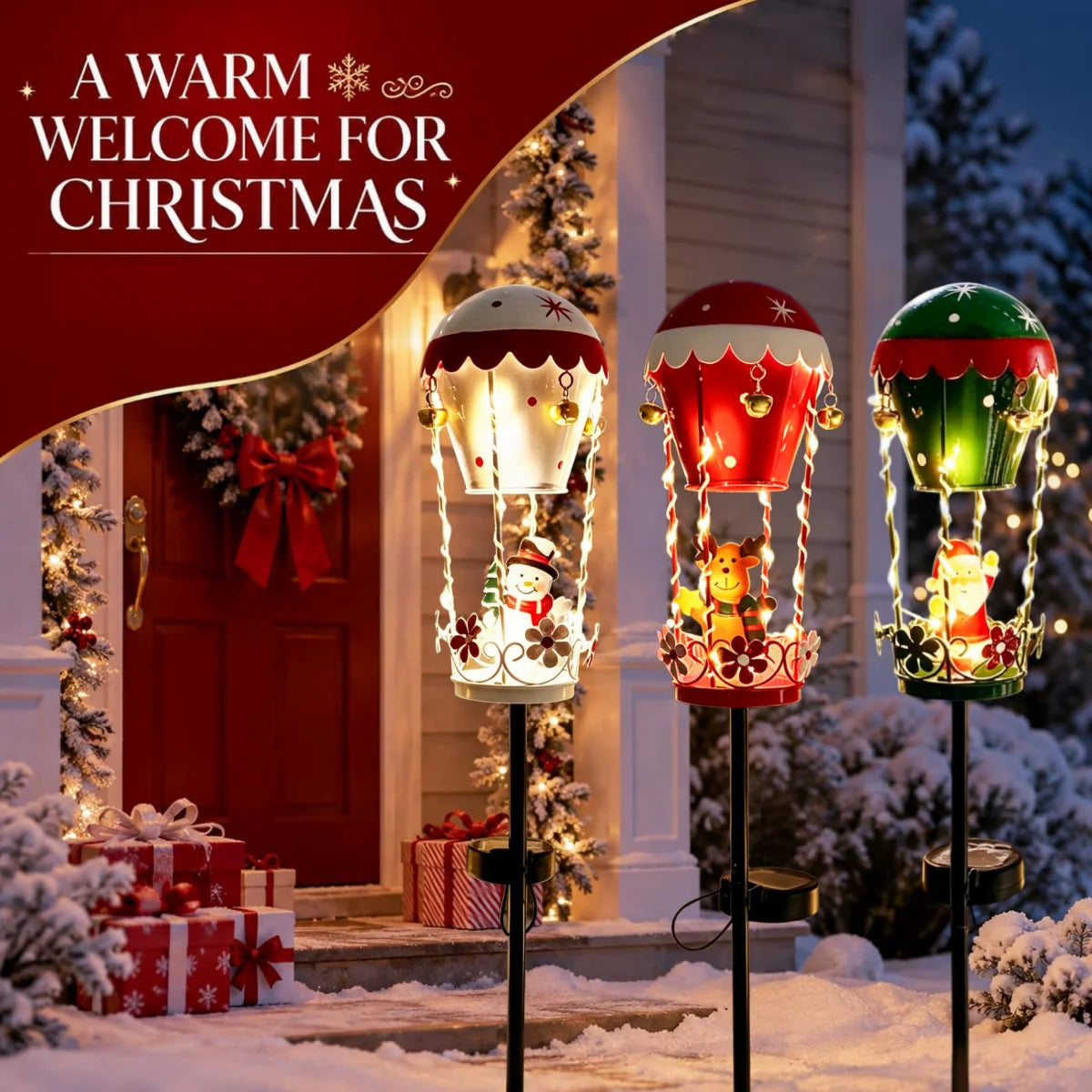 Solar Garden Stake Light Iron Santa Claus Christmas Balloon Decor