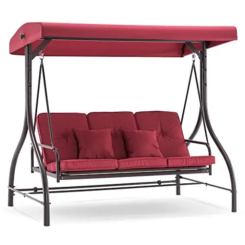 Burgundy 3-Seater Outdoor Swing With Detachable Cushions, Adjustable Canopy, And Convertible Glider Design For Patio Deck Garden