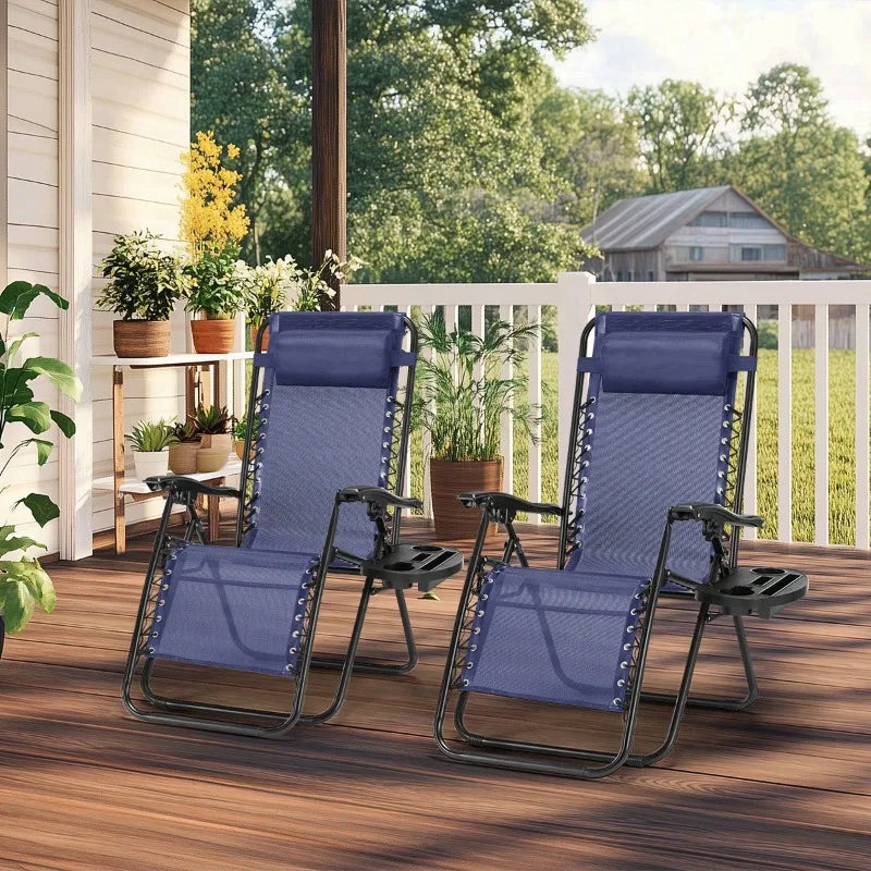 2PC Folding Chaise Lounge, Outdoor Sun Tanning Chairs With Pillow, Zero Gravity Chairs With Reclining Back Cup Holder, Steel Frame & Breathable Mesh For Beach, Yard, Patio, Poolside