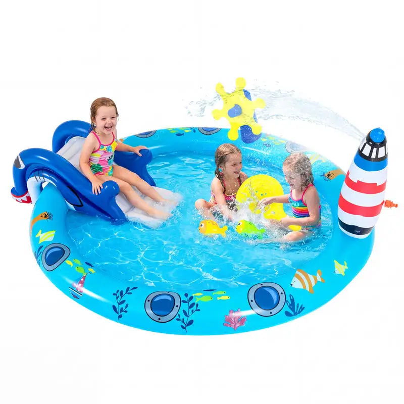 Inflatable Play Center Marine Life Spray Pool with Shark-shaped Slide Lighthouse Sprinkle
