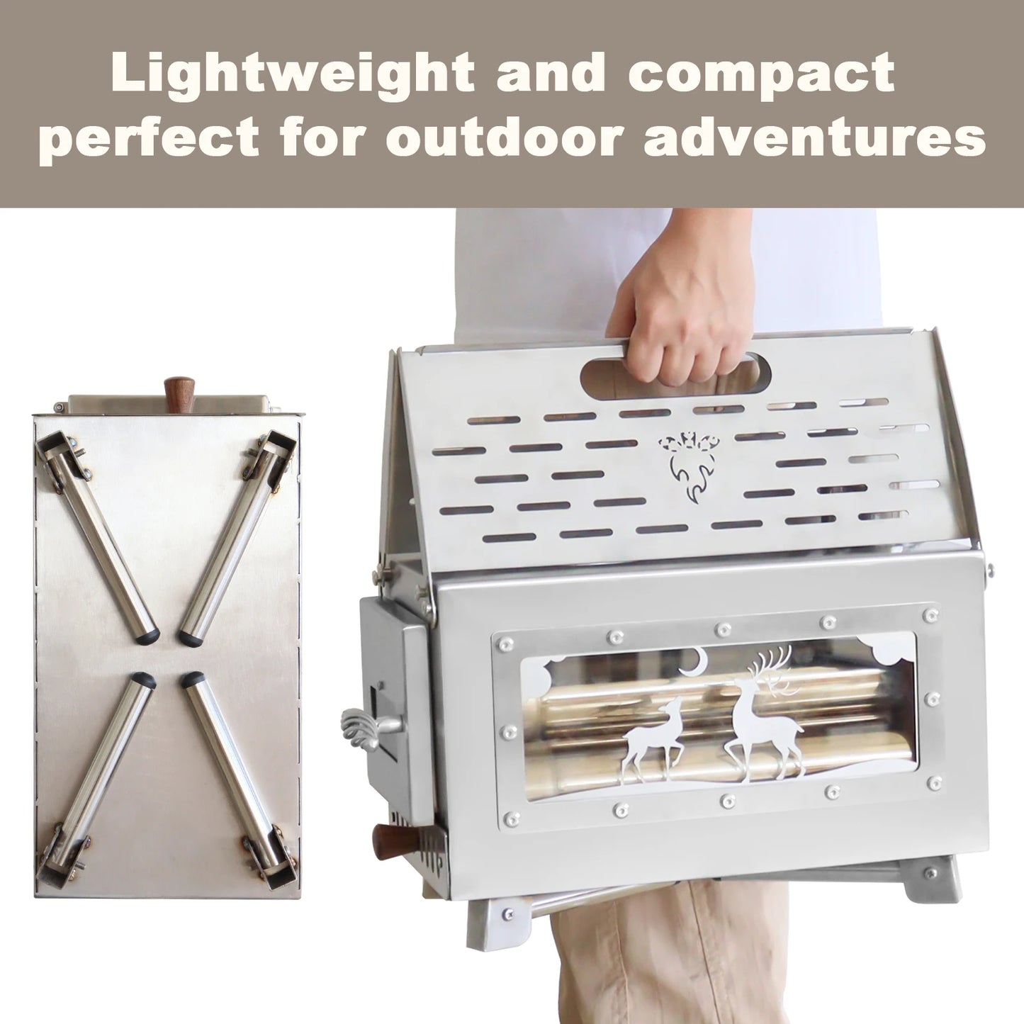 SOTECH Foldable Camping Wood Burning Stove Stainless Steel Outdoor Cooker BBQ Grill With Cooking Pan Chimney Portable Fire Pit For Camping Hiking Picnic Travel Van Life