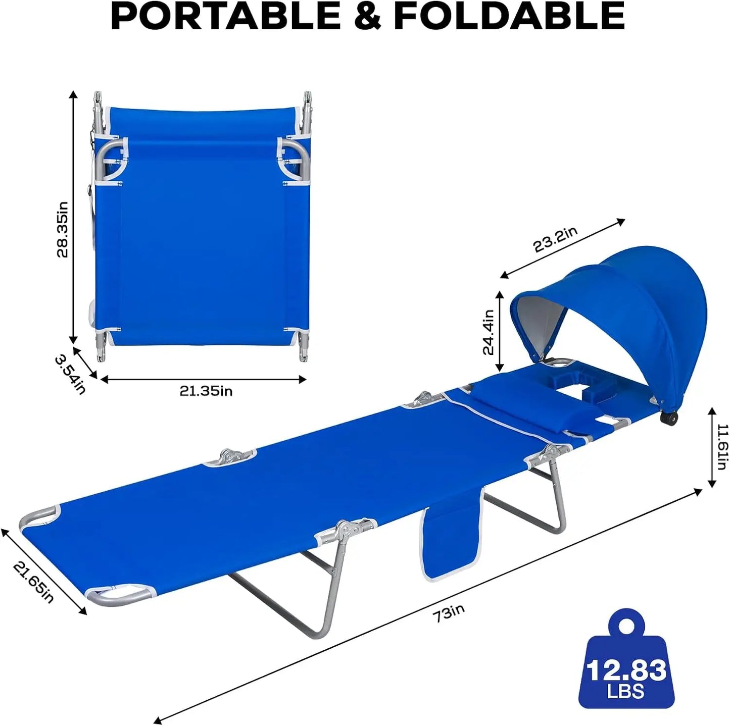2 Pack Folding Beach Tanning Chair with Face Hole Canopy Shade 5 Position Reclining Flat Lounge Chair Face Down Sun Lounger Side Pocket Royal Blue