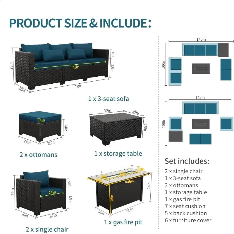 Outdoor Patio Furniture Propane Fire Pit Table Set 7 Piece