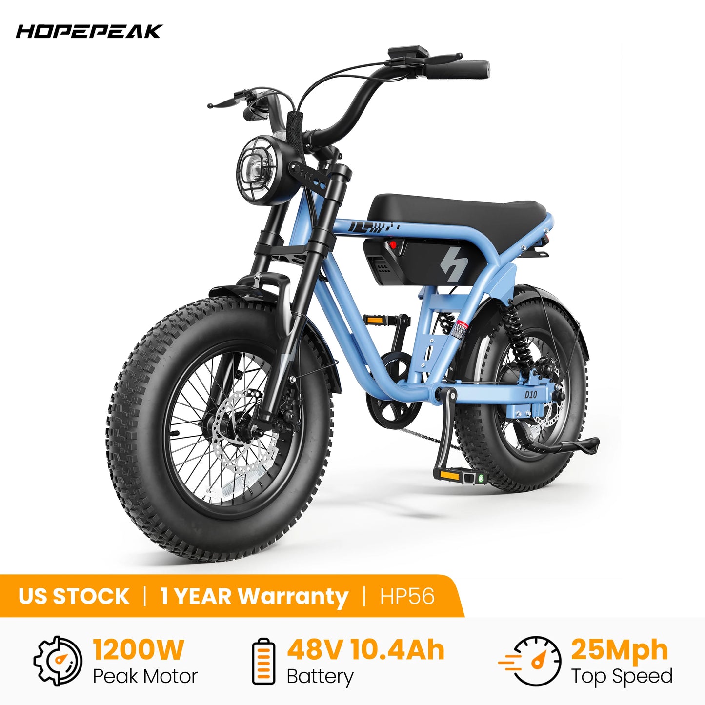 Hopepeak D10 Electric Bike, 16" Fat Tires Electric Mountain Bike, 1200W Peak Motor 48V 10.4Ah, 25 MPH 55Mi Range Off-Road Ebike with Full Suspension