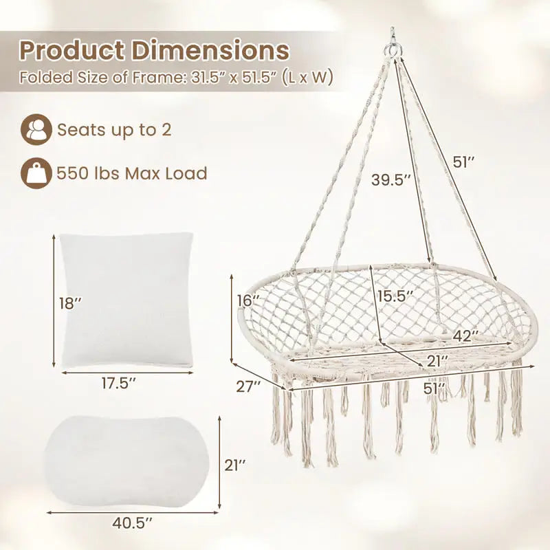 Double Swing Chair with Cushions Macrame Hanging Hammock Chair for Indoor and Outdoor Use-Beige