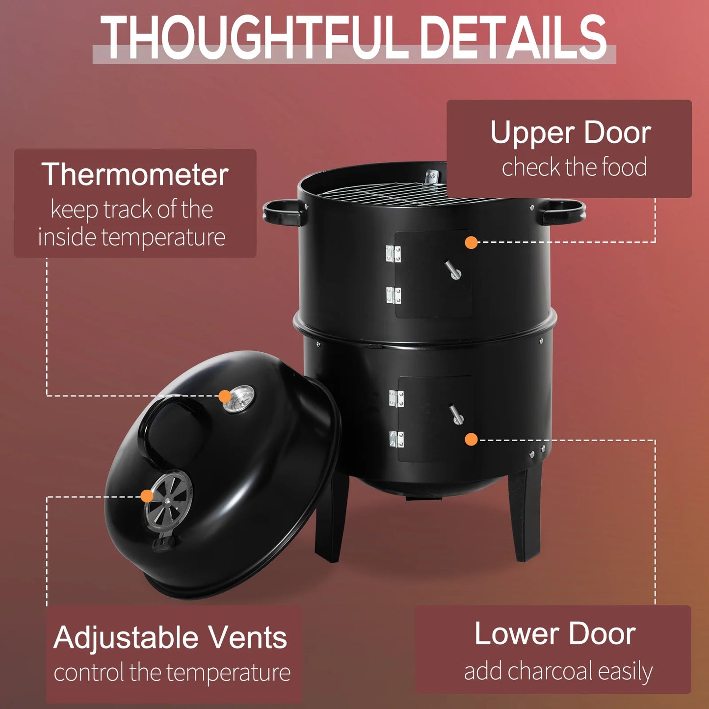 Outsunny Three In One Outdoor Charcoal BBQ Smoker Grill