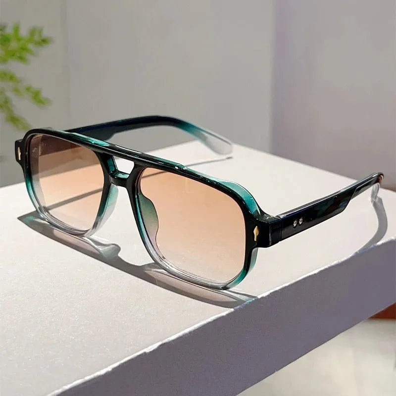 Vintage Double Bridges Men Square Sunglasses Fashion Green Ocean Lens UV400 Eyewear Women Trending Rivets Sun Glasses