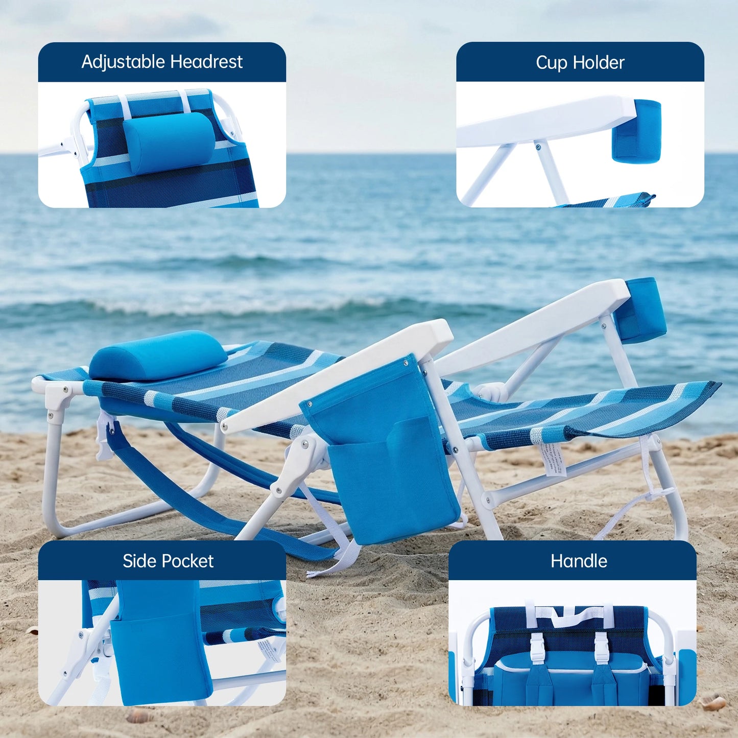 2-piece beach lounge chair folding chair, breathable Teslin fabric, outdoor camping, weighing 350 pounds, adjustable backrest, shoulder strap design for easy travel, headrest, side pockets, cup holder, insulation bag