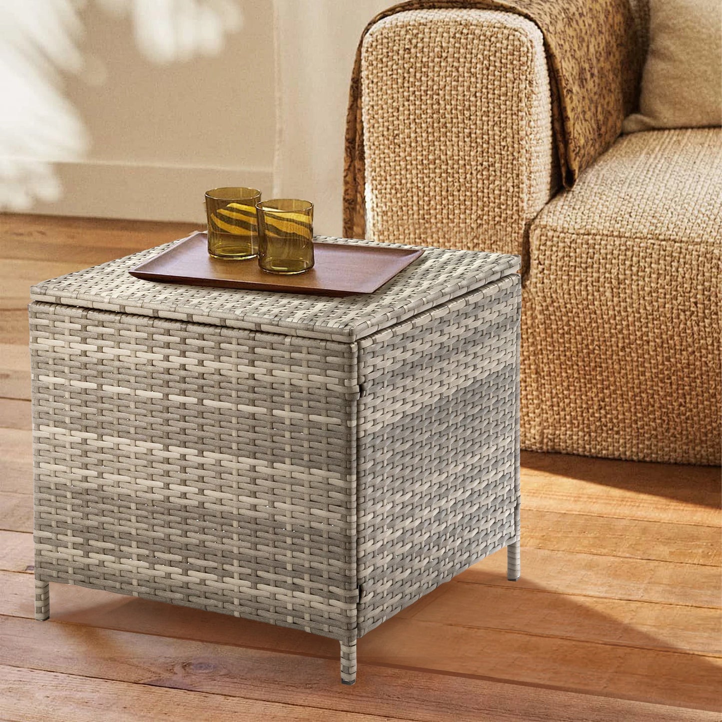 27 Gallon Outdoor PE Wicker Storage Side Table, 53×53×50cm All Weather Handwoven Rattan End Table with Sturdy Iron Frame, Dual Function Side Desk & Storage Bin for Patio Garden Backyard Store Tools Toys, Brown Gradient