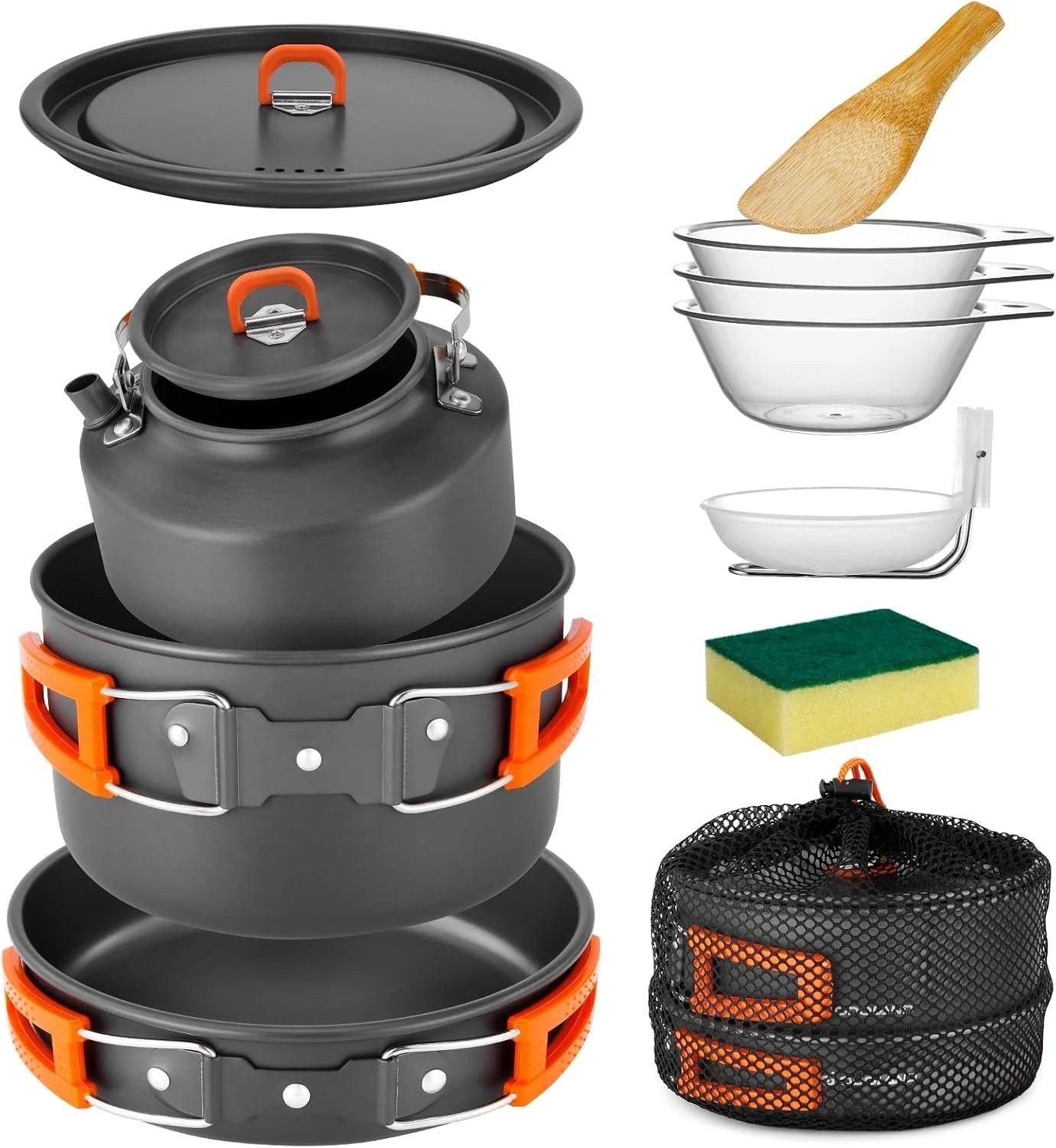 Open Fire Compatible 10Pcs Camping Cookware Set Stackable Outdoor Pots Pans Kit With Kettle Bowls Spoon For Hiking Backpacking Family Picnic