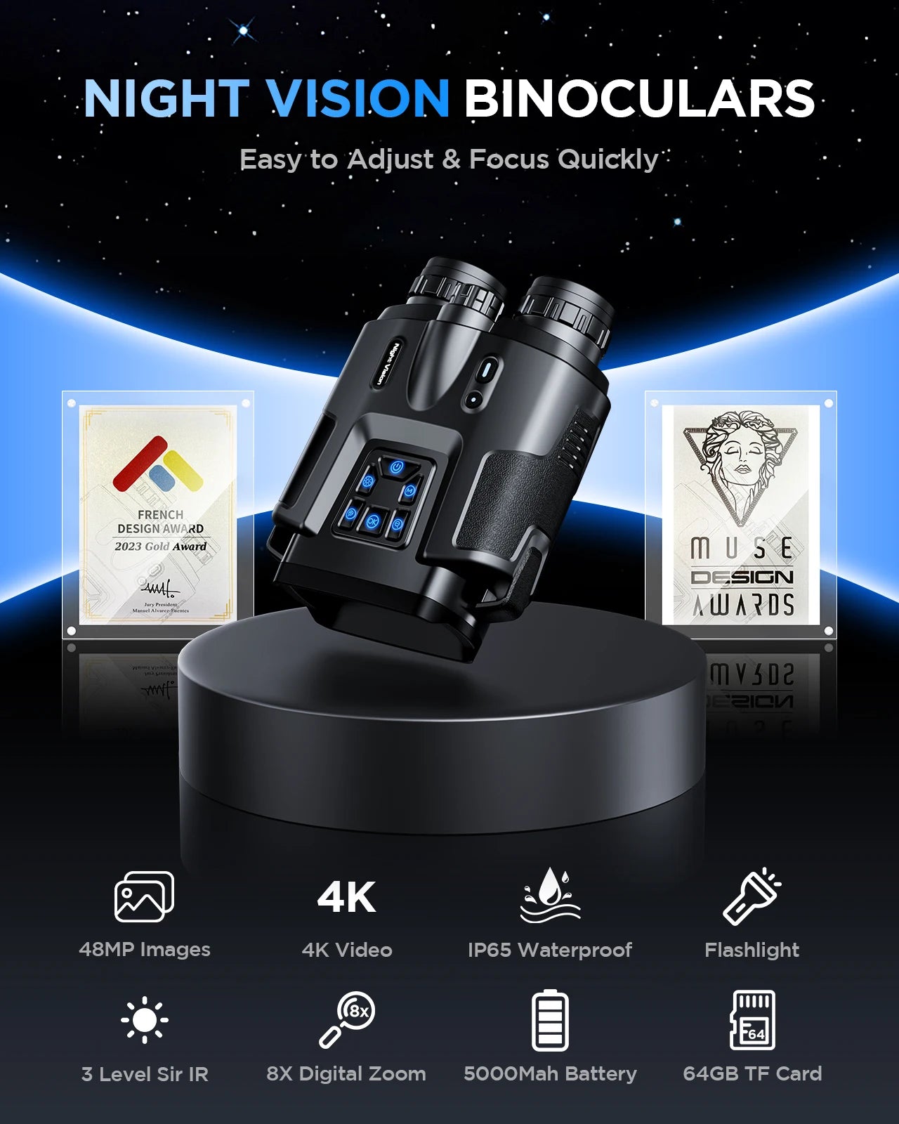 4K Night Vision Binoculars for Adults, 64GB Memory Card 3inch Screen 8X Digital Zoom With Tactical Light, 5000mAh Rechargeable Gear for Hunting & Camping, Infrared Vision Night Goggle, Gifts for Men Husband Dad