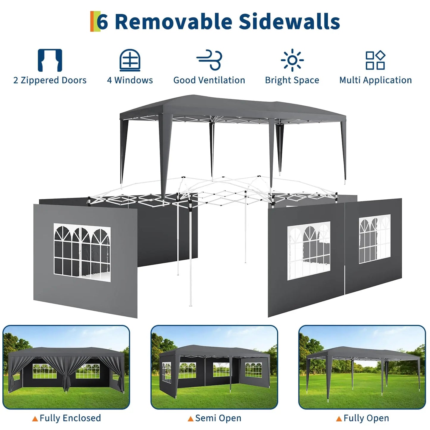 10x20 FT Pop Up Canopy Tent with 6 Removable Sidewalls, Reinforced Waterproof Outdoor Gazebo, 3 Height Adjustable Party Tent for Wedding, Market, Backyard Events, Includes Carry Bag