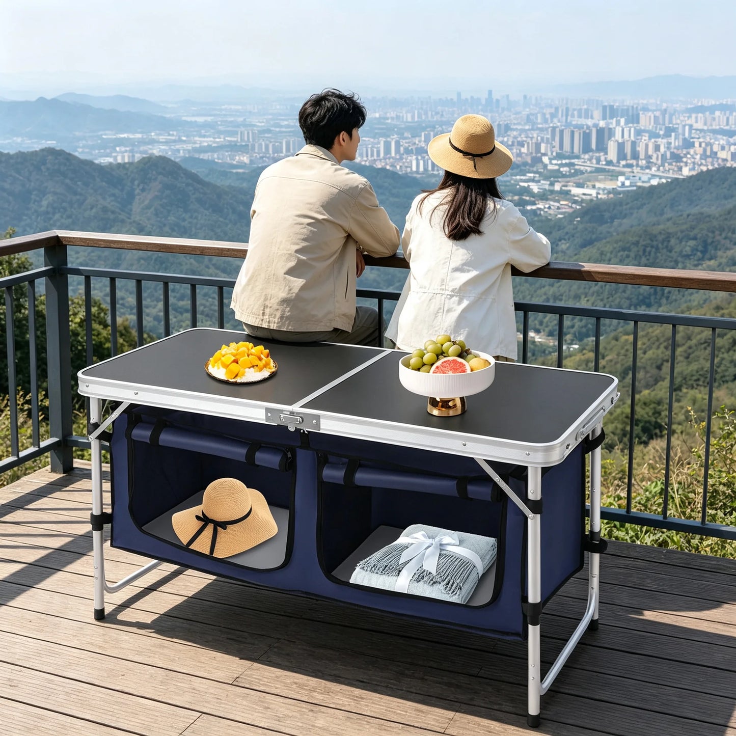 Folding Camping Table Foldable & Portable Camping Table Folding Camping Table with Adjustable Legs 120*47*70cm Dual Panels Adjustable Height Grip-and-go Feet for Travel Beach Backyards BBQ Party