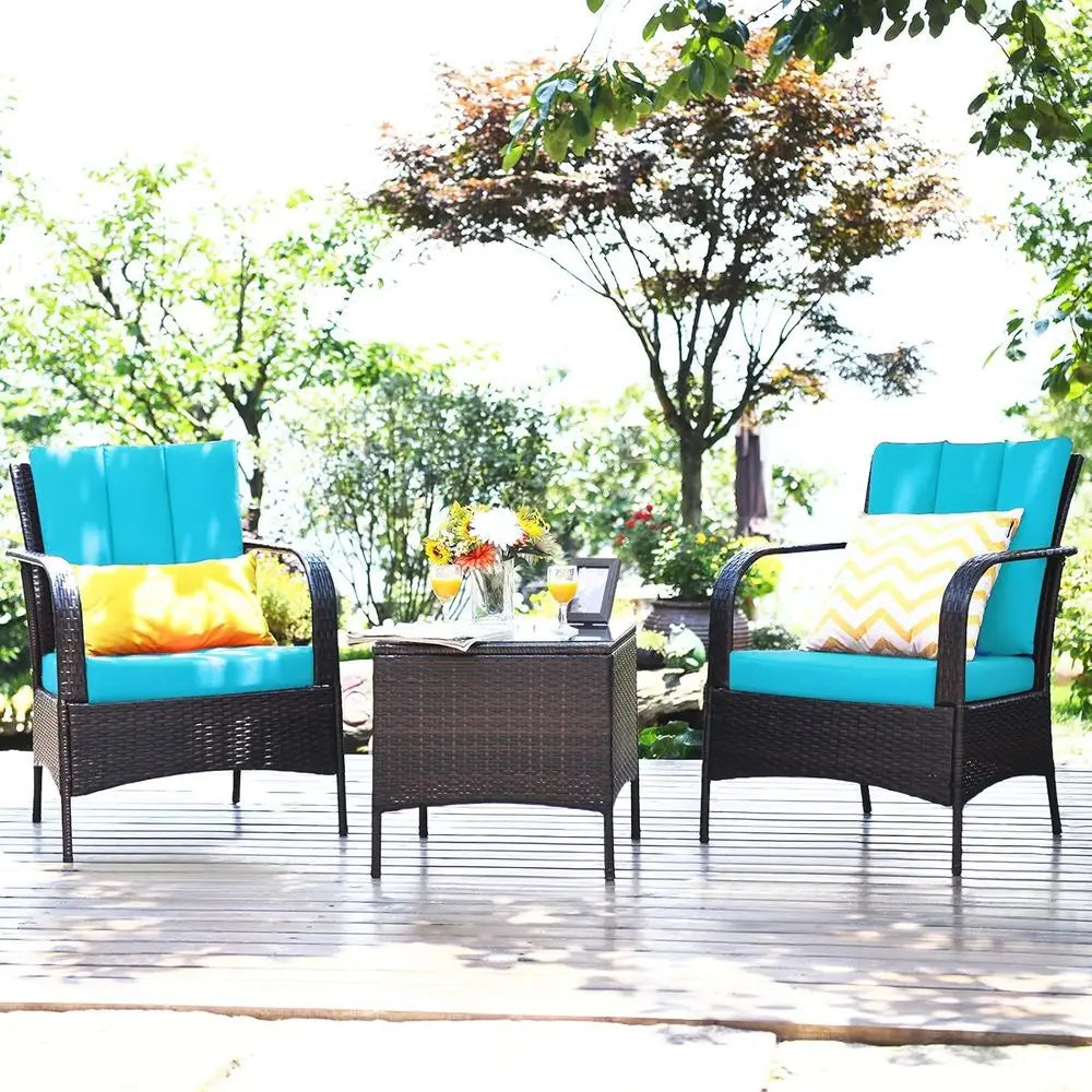 3-Piece Patio Furniture Set: 2 Wicker Chairs with Glass Top Coffee Table, Outdoor Garden Porch Poolside Seating
