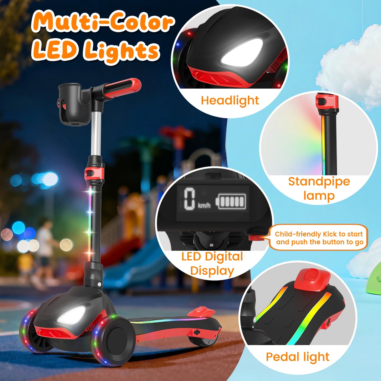D3 Electric Scooter for Kids with 3 Wheels, 3 Adjustable Heights, Thumb Throttle, LCD Screen, Foldable, Light-Up Stem Deck & Wheels, Ideal Gift for Kids