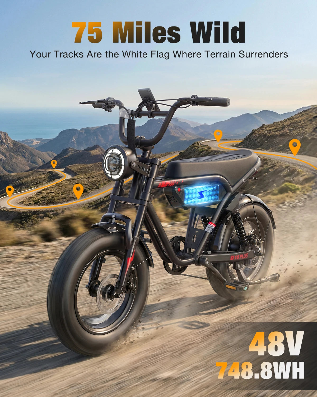 ActBest Blaze Plus Electric Bike, 16" Fat Tires Electric Mountain Bike, 1500W Peak Motor 48V 15.6Ah, 30 MPH 75Mi Range Off-Road Ebike with Full Suspension